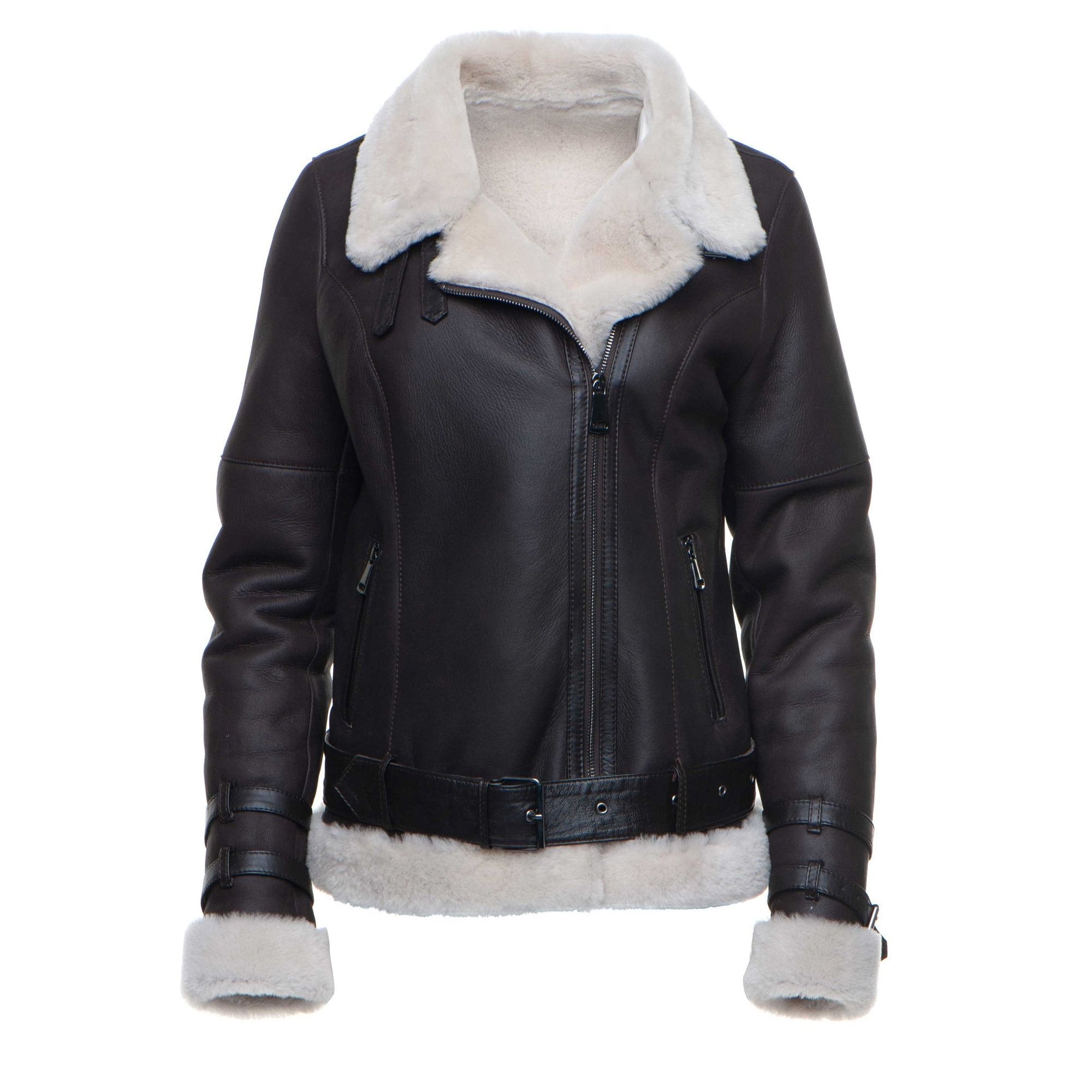 Women's Jayne's Brown Biker Shearling Jacket | Spanish Merino | Full Grain Apparel