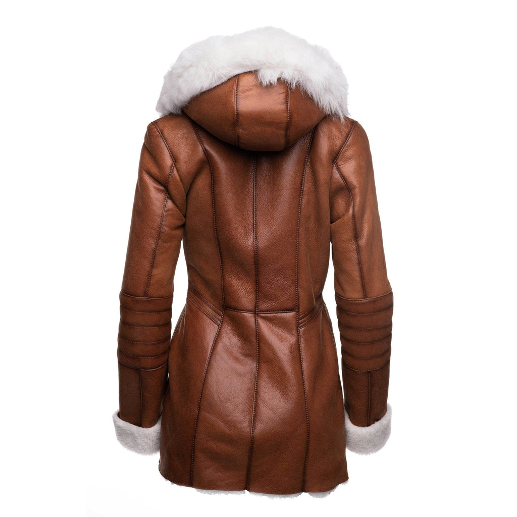 Women's Ayva’s Tan Shearling Coat | Real Fox Fur Trim Hoodie | Full Grain Apparel
