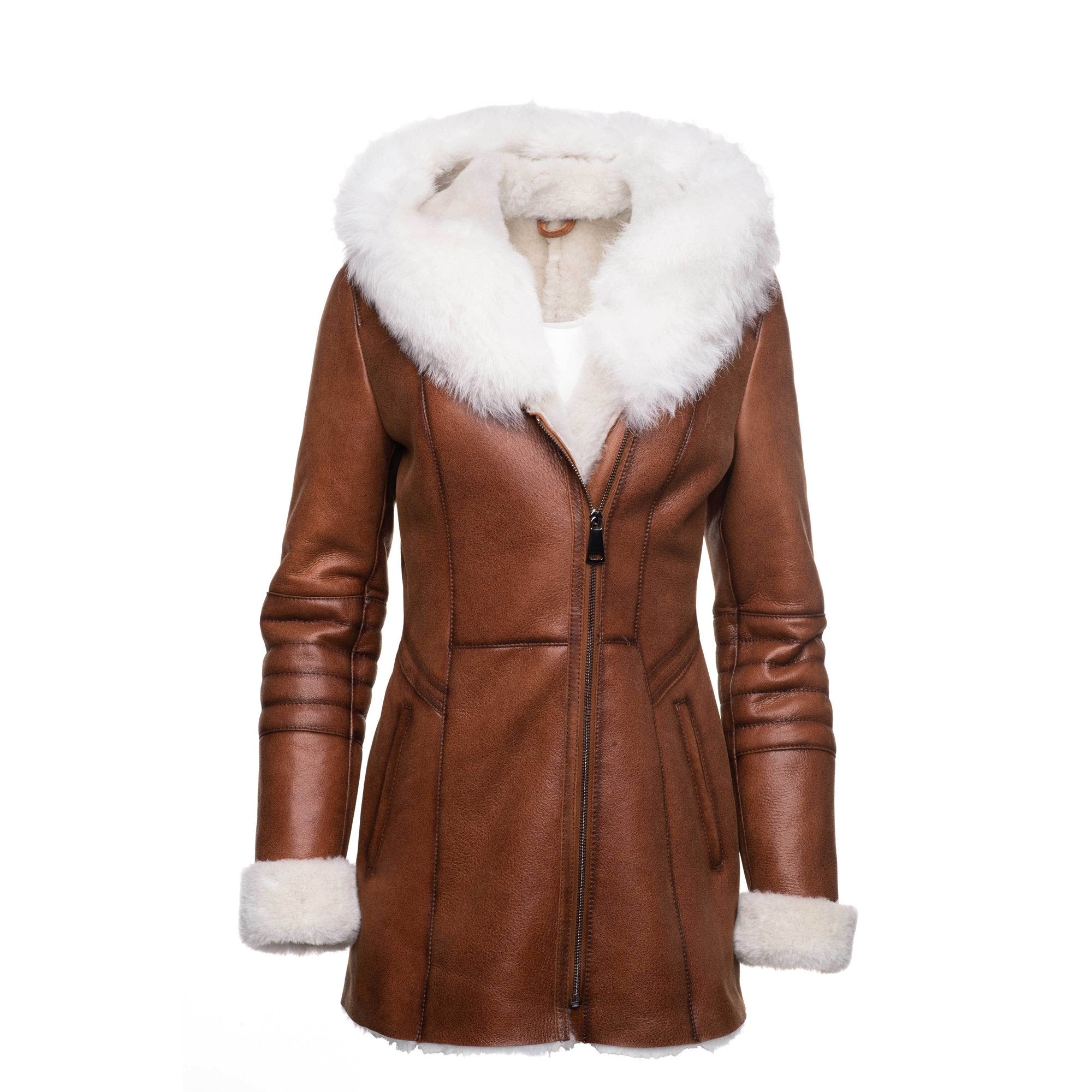 Women's Ayva’s Tan Shearling Coat | Real Fox Fur Trim Hoodie | Full Grain Apparel