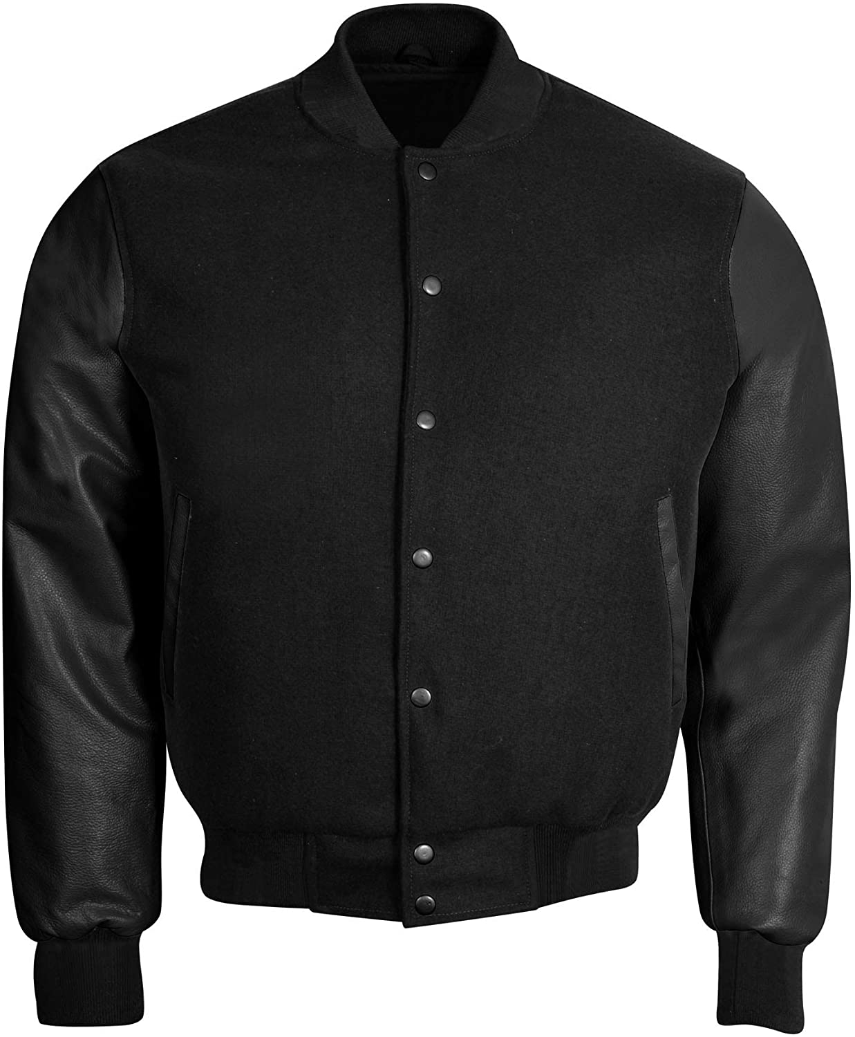 Men’s Solid Black Varsity Letterman Bomber Jacket | Wool & Leather | Full Grain Apparel