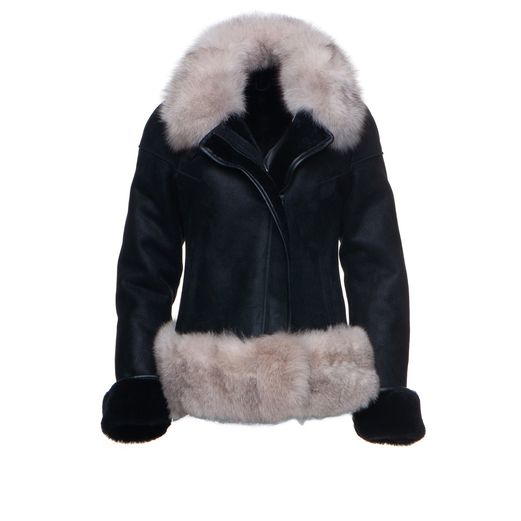Women's Cecily's Black Shearling Jacket | Real Fox Fur Trim | Full Grain Apparel