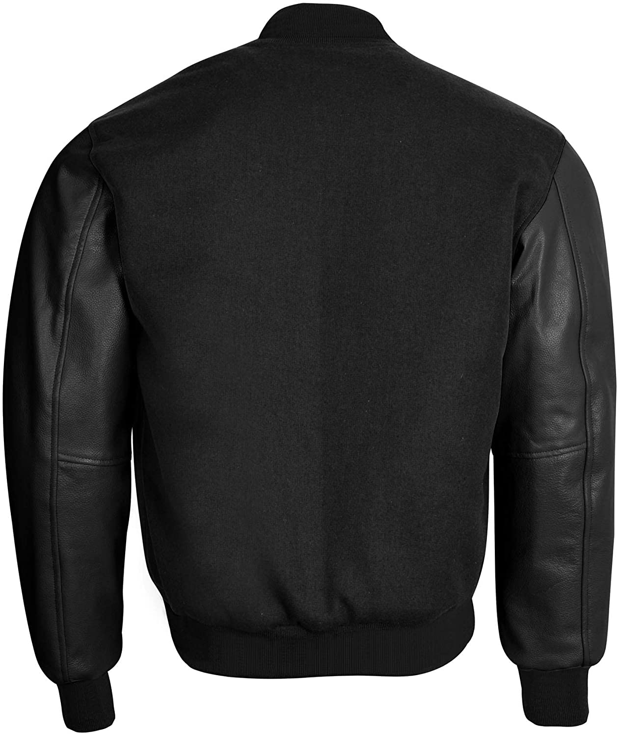 Men’s Solid Black Varsity Letterman Bomber Jacket | Wool & Leather | Full Grain Apparel