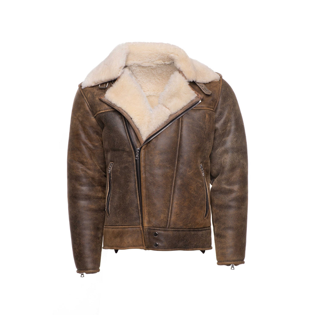 Men's Carter’s Distressed Biker Shearling Jacket | USA Sheepskin | Full Grain Apparel