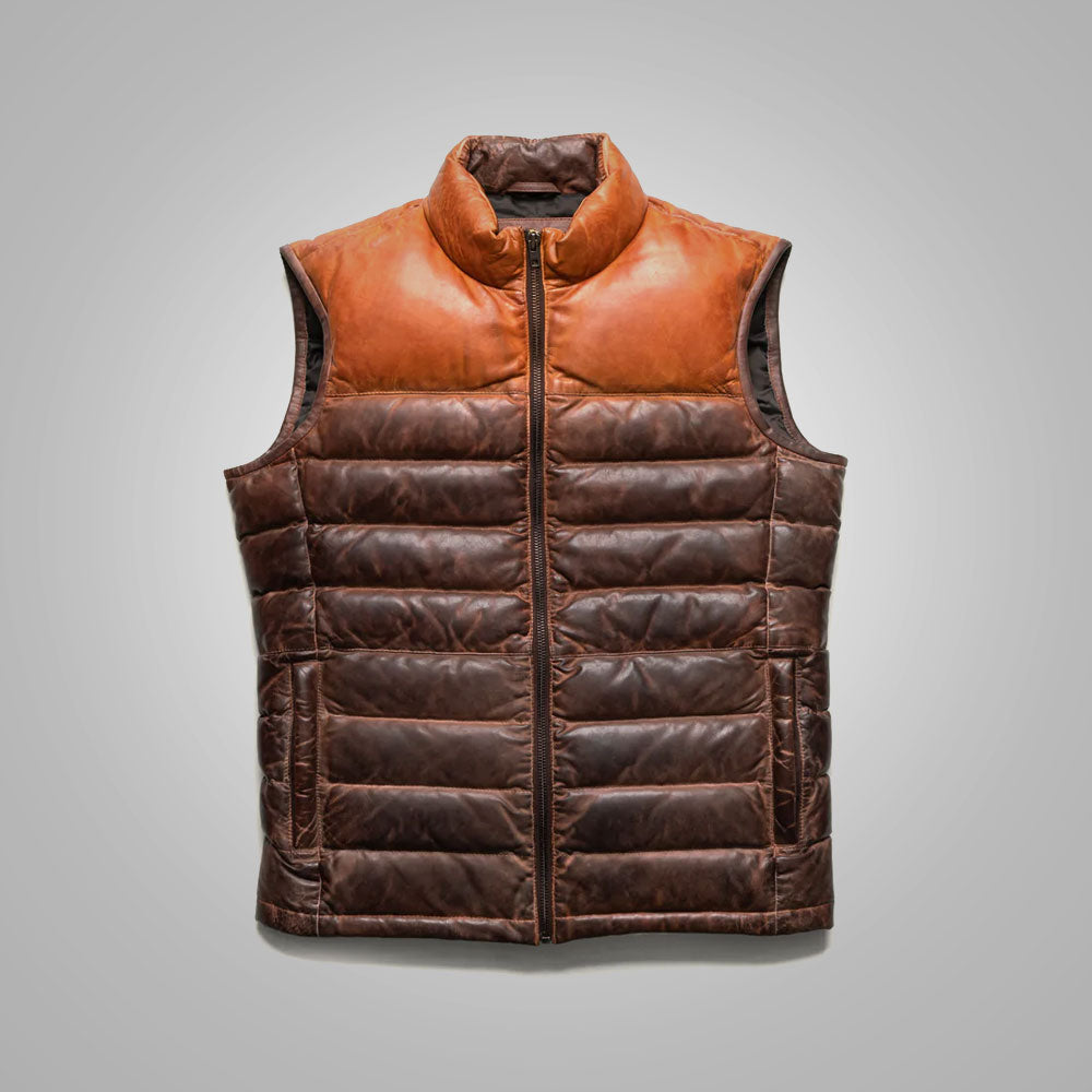 Men’s "Titan-Grit" Bubble Puffer | Premium Espresso Genuine Leather | High-Loft 700-Fill Power Down Vest | Full Grain Apparel