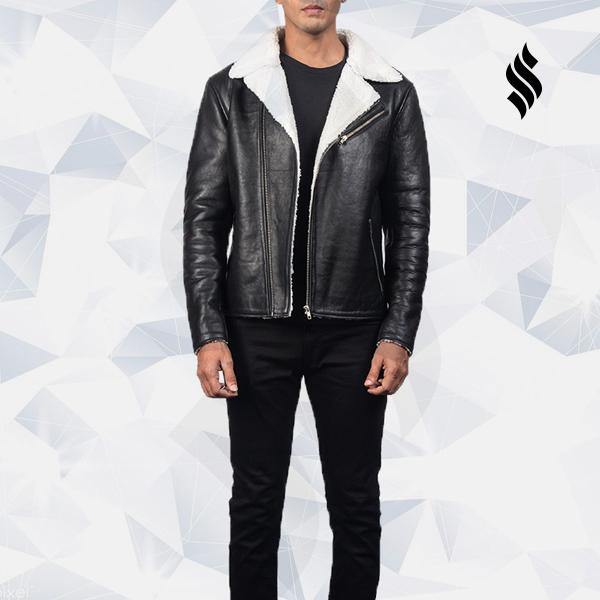 Men’s Alberto White Shearling Black Leather Jacket | Rugged Winter Elite | Full Grain Apparel