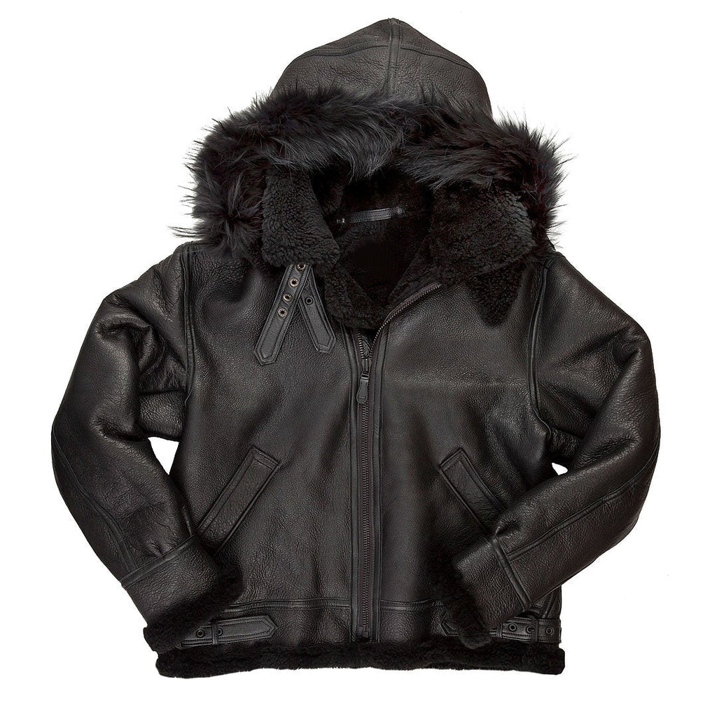 Men’s B-3 Black Hooded Bomber Jacket | Rugged Stealth Utility | Full Grain Apparel