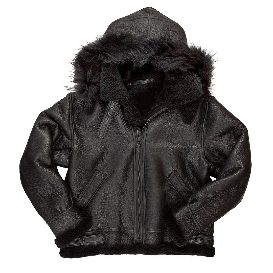 Men’s B-3 Black Hooded Bomber Jacket | Rugged Stealth Utility | Full Grain Apparel