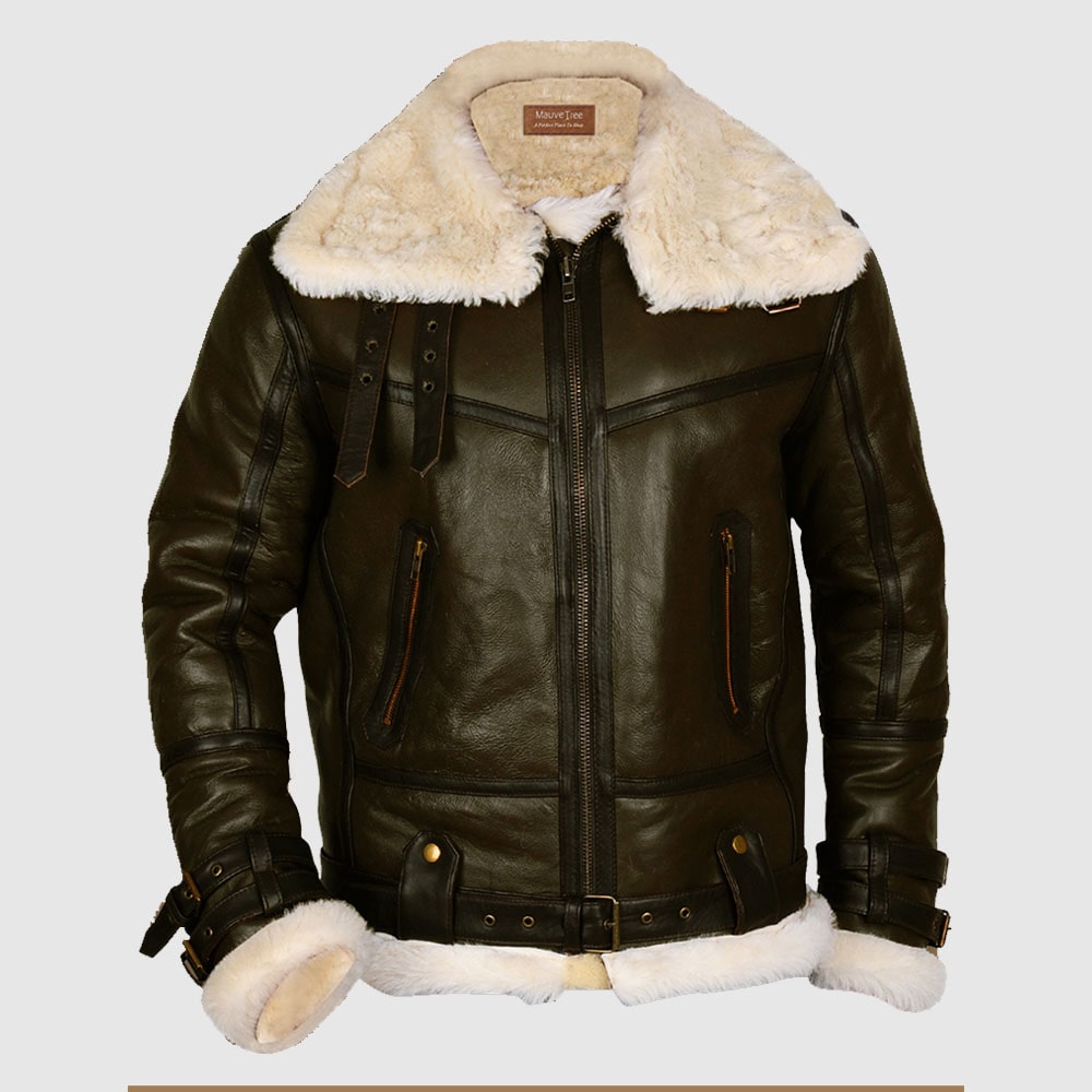 Men’s Army Green B3 Bomber Shearling Leather Jacket | Rugged Military Precision | Full Grain Apparel