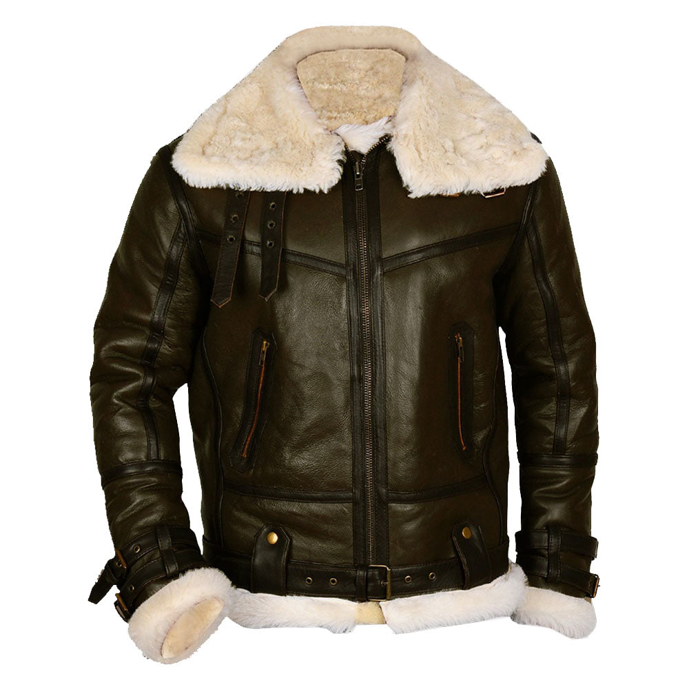 Men’s Army Green B3 Bomber Shearling Leather Jacket | Rugged Tactical Heritage | Full Grain Apparel