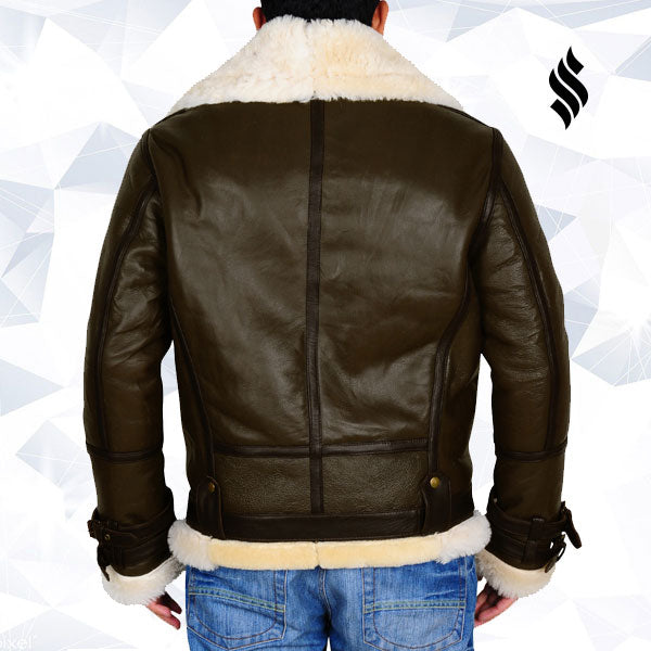 Men’s Army Green B3 Bomber Jacket | Genuine Sheepskin Shearling | Full Grain Apparel