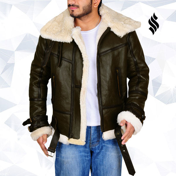 Men’s Army Green B3 Bomber Jacket | Genuine Sheepskin Shearling | Full Grain Apparel