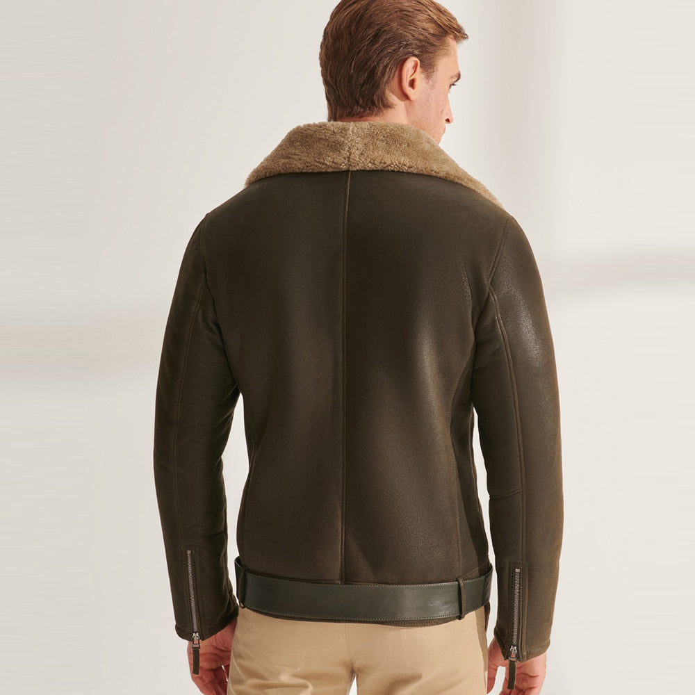 Chaqueta aviador B3 Airforce de piel de oveja esquilada verde militar para hombre | Ropa de grano completo