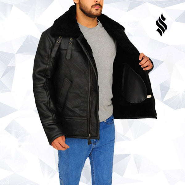 Men’s B3 Aviator Bomber Sheepskin Black Jacket | Rugged Stealth Command | Full Grain Apparel