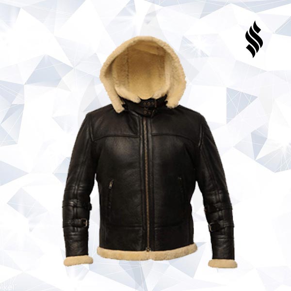 Men’s B-3 Black Bomber Real Shearling Jacket | Removable Hood Edition | Full Grain Apparel