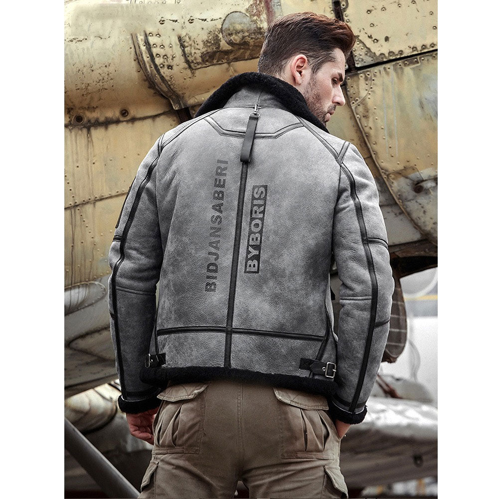 Chaqueta de aviador B3 de piel de oveja gris para hombre | Estilo aviador clásico | Prenda de cuero de grano completo
