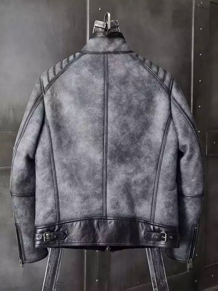Abrigo bomber gris B3 de piel de oveja para hombre | Estilo aviador clásico | Ropa de piel plena flor