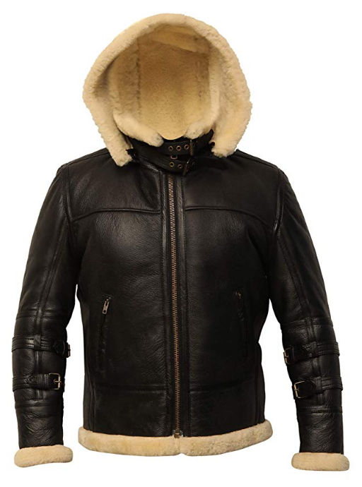 Men’s B3 Shearling Removable Hood Black Jacket | Rugged Stealth Versatility | Full Grain Apparel