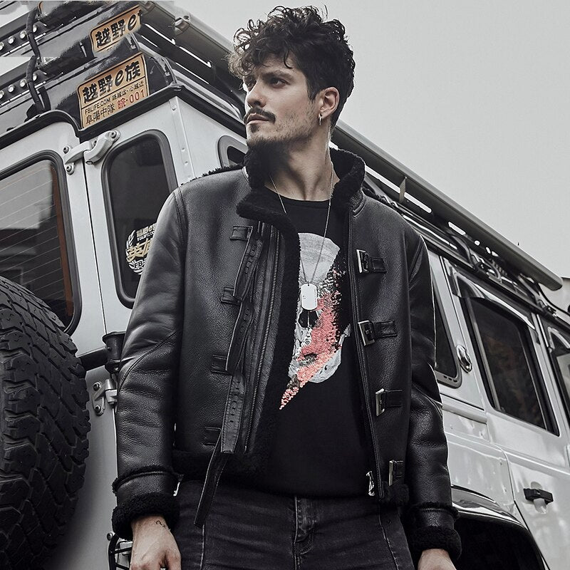 Chaqueta de piel de oveja negra B3 RAF para motociclista de hombre | Prendas de grano completo