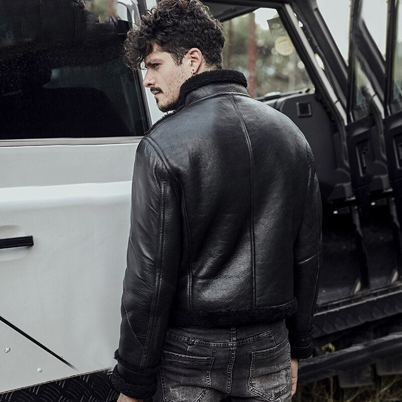 Men’s B3 RAF Black Sheepskin Motorcycle Leather Shearling Jacket | Full Grain Apparel