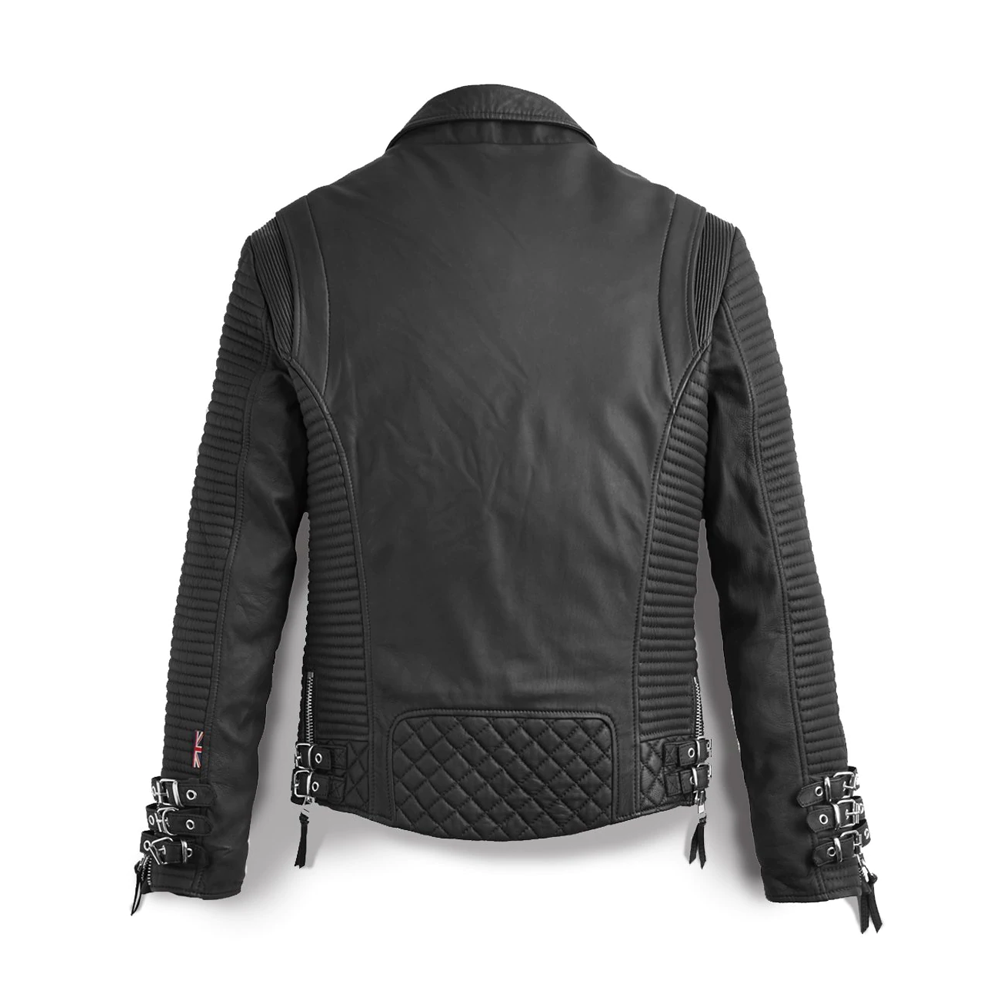 Chaqueta motera de cuero negro para hombre con patrón grabado | Prenda de cuero de plena flor
