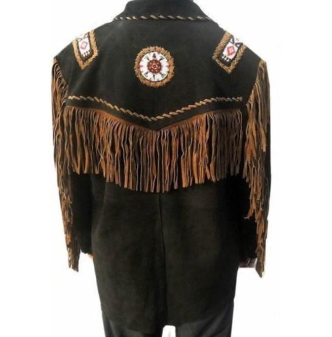 Men’s Dark Brown Suede Western Fringe Jacket with Beads | Full Grain Apparel