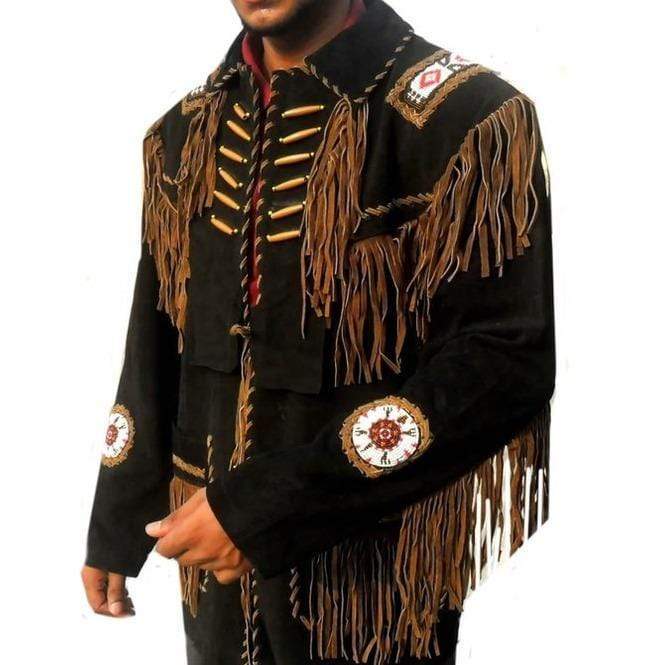 Men’s Dark Brown Suede Western Fringe Jacket with Beads | Full Grain Apparel