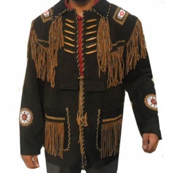 Men’s Dark Brown Suede Western Fringe Jacket with Beads | Full Grain Apparel