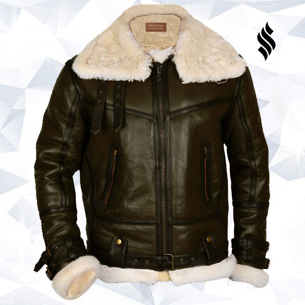 Men’s Army Green B3 Bomber Jacket | Genuine Sheepskin Shearling | Full Grain Apparel