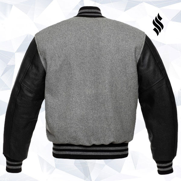 Men’s Grey Wool and Black Leather Varsity Jacket | Classic Letterman Outerwear | Full Grain Apparel
