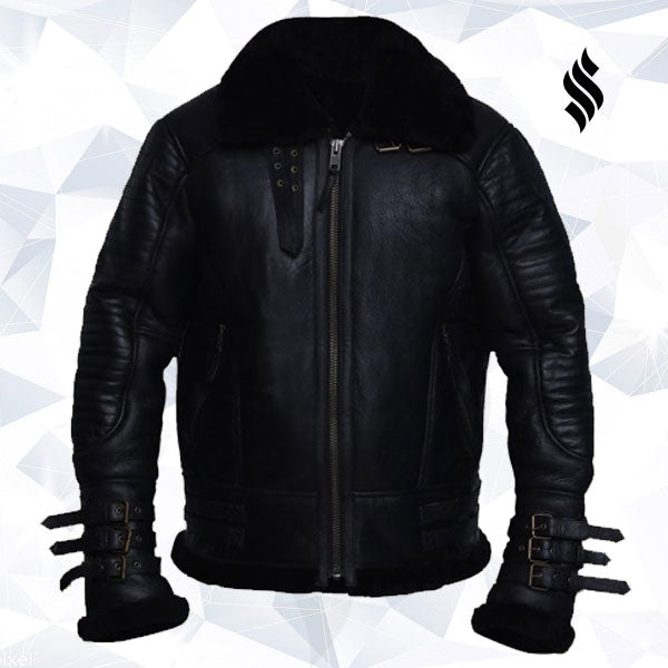 Men’s Black Biker Shearling Jacket | Rugged Moto-Aviator Hybrid | Full Grain Apparel