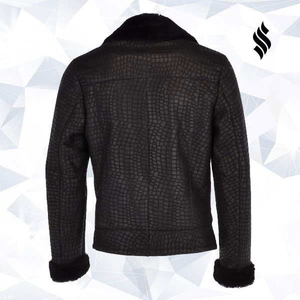 The "Theon" Black Crocodile-Print Sheepskin Coat | Full Grain Apparel