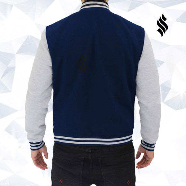 Men’s Navy Blue and Gray Varsity Jacket | Classic Letterman Outerwear | Full Grain Apparel