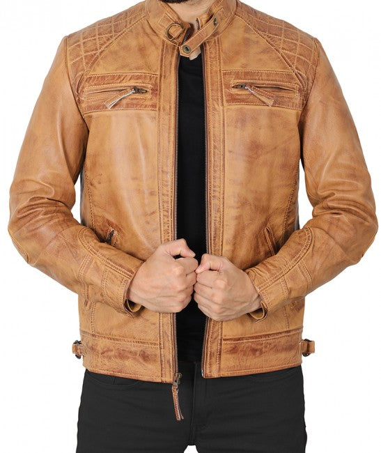 Men’s ‘Johnson’ Camel Quilted Leather Motorcycle Jacket | Premium Tan Biker Outerwear | Full Grain Apparel