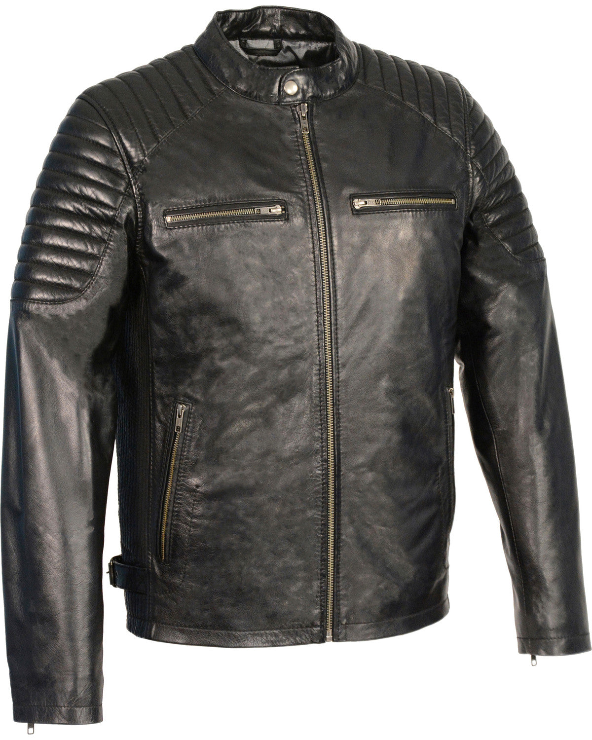Men’s Quilted Shoulders Snap Collar Leather Jacket | Heritage Racing Outerwear | Full Grain Apparel