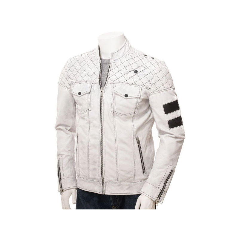 Men’s White Leather Biker Jacket | Premium Statement Outerwear | Full Grain Apparel