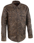 Men’s Distressed Brown Light Leather Snap Front Shirt | Heritage Leather Overshirt | Full Grain Apparel