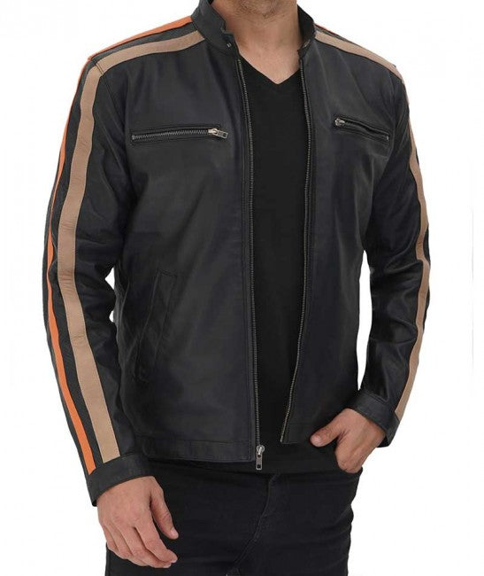 Men’s ‘Harland’ Stripe Black Leather Cafe Racer Jacket | Modern Minimalist Biker Outerwear | Full Grain Apparel