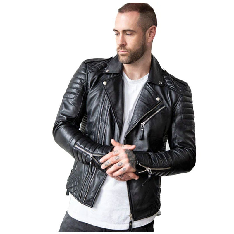 Men’s Quilted Black Leather Motorcycle Jacket | Tactical Biker Outerwear | Full Grain Apparel