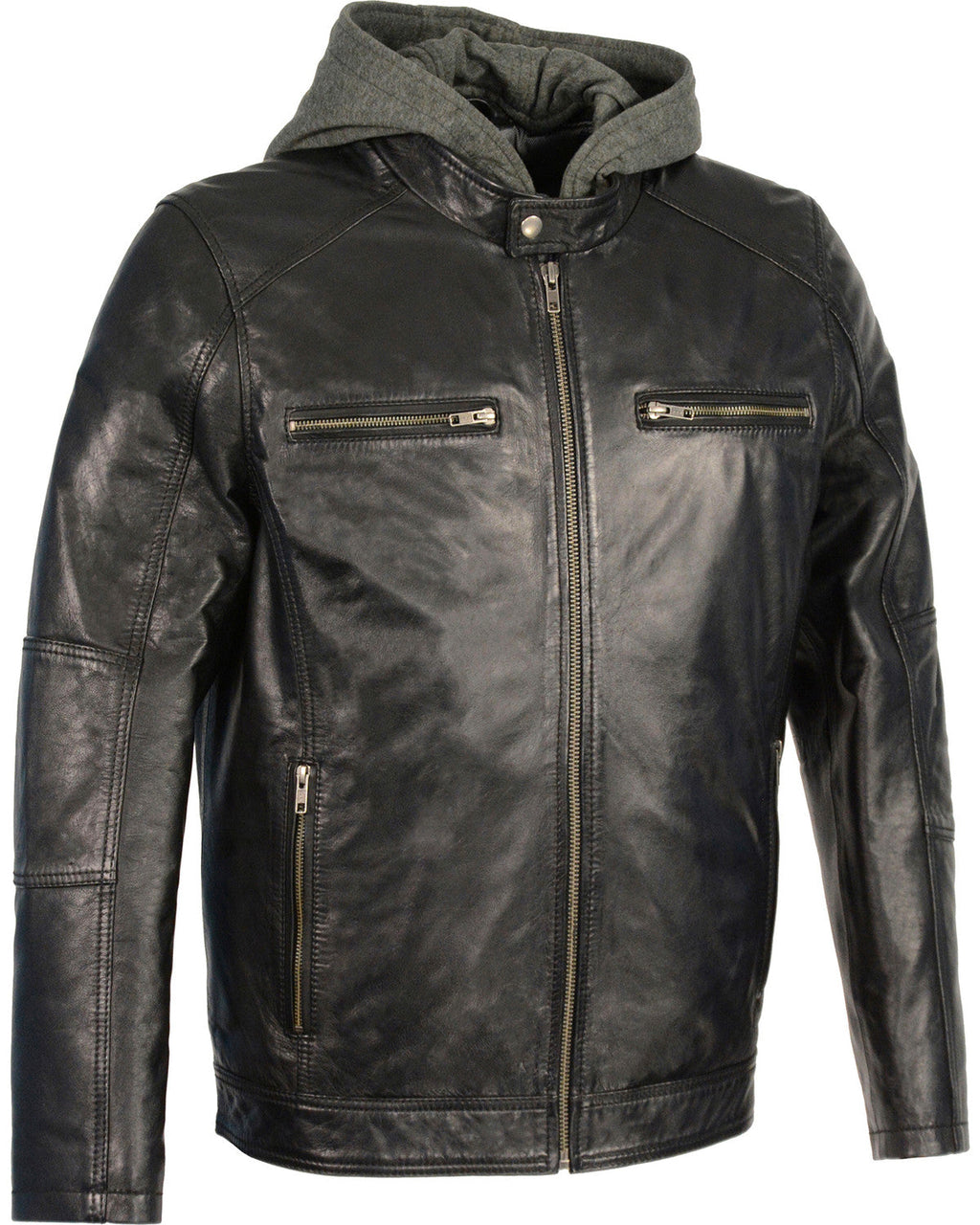 Men’s Snap Collar Leather Moto Jacket w/ Removable Hood | Hybrid Performance Outerwear | Full Grain Apparel