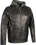 Men’s Snap Collar Leather Moto Jacket w/ Removable Hood | Hybrid Performance Outerwear | Full Grain Apparel