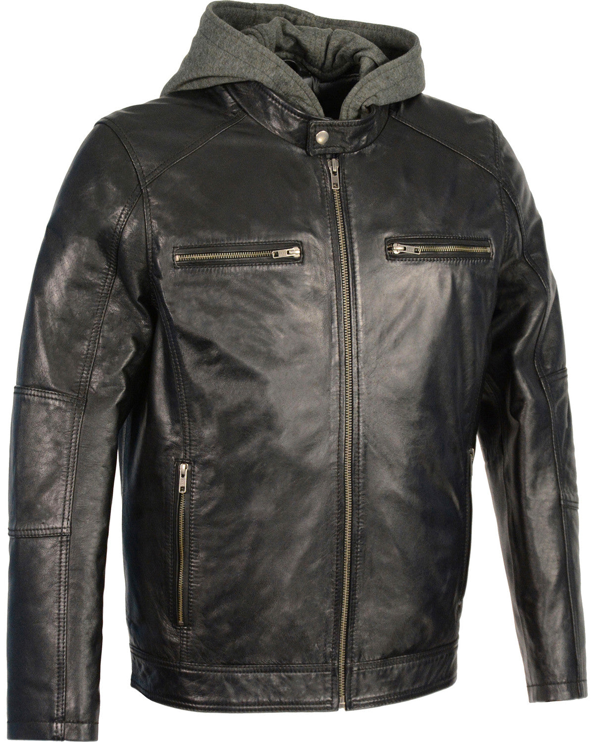 Men’s Snap Collar Leather Moto Jacket w/ Removable Hood | Hybrid Performance Outerwear | Full Grain Apparel