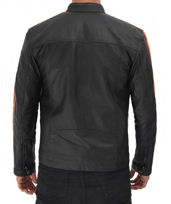 Chaqueta de motociclista de cuero negro a rayas para hombre «Harland» | Prenda de abrigo minimalista moderna para motociclistas | Prenda de cuero de plena flor