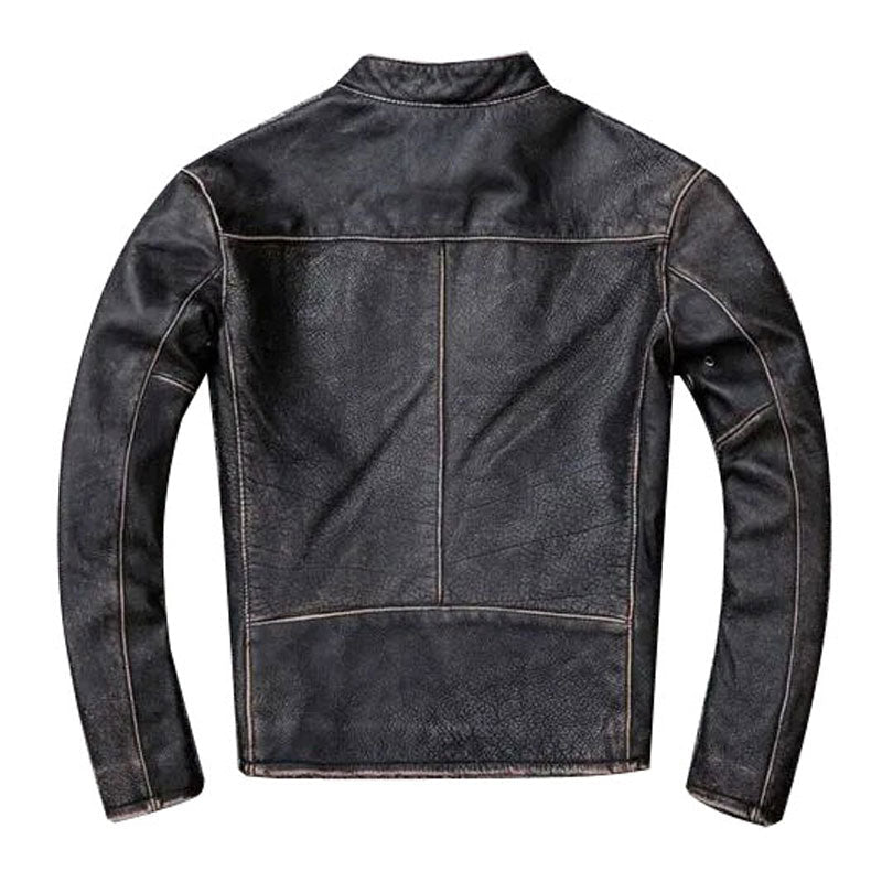 Chaqueta de Motociclista de Cuero Negro Vintage para Hombre | Ropa Exterior Clásica de Motorista Desgastada | Prenda de Piel de Grano Completo
