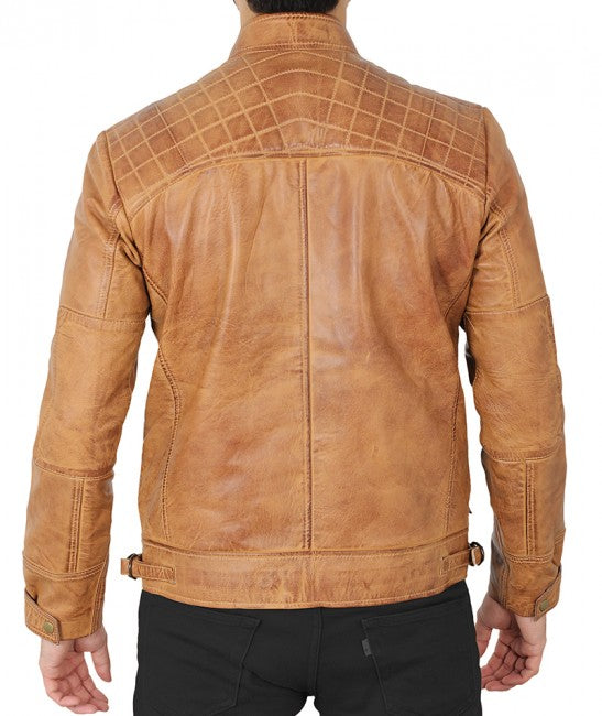 Chaqueta de motociclista acolchada de cuero camel «Johnson» para hombre | Abrigo biker premium color tostado | Prenda de piel de grano completo