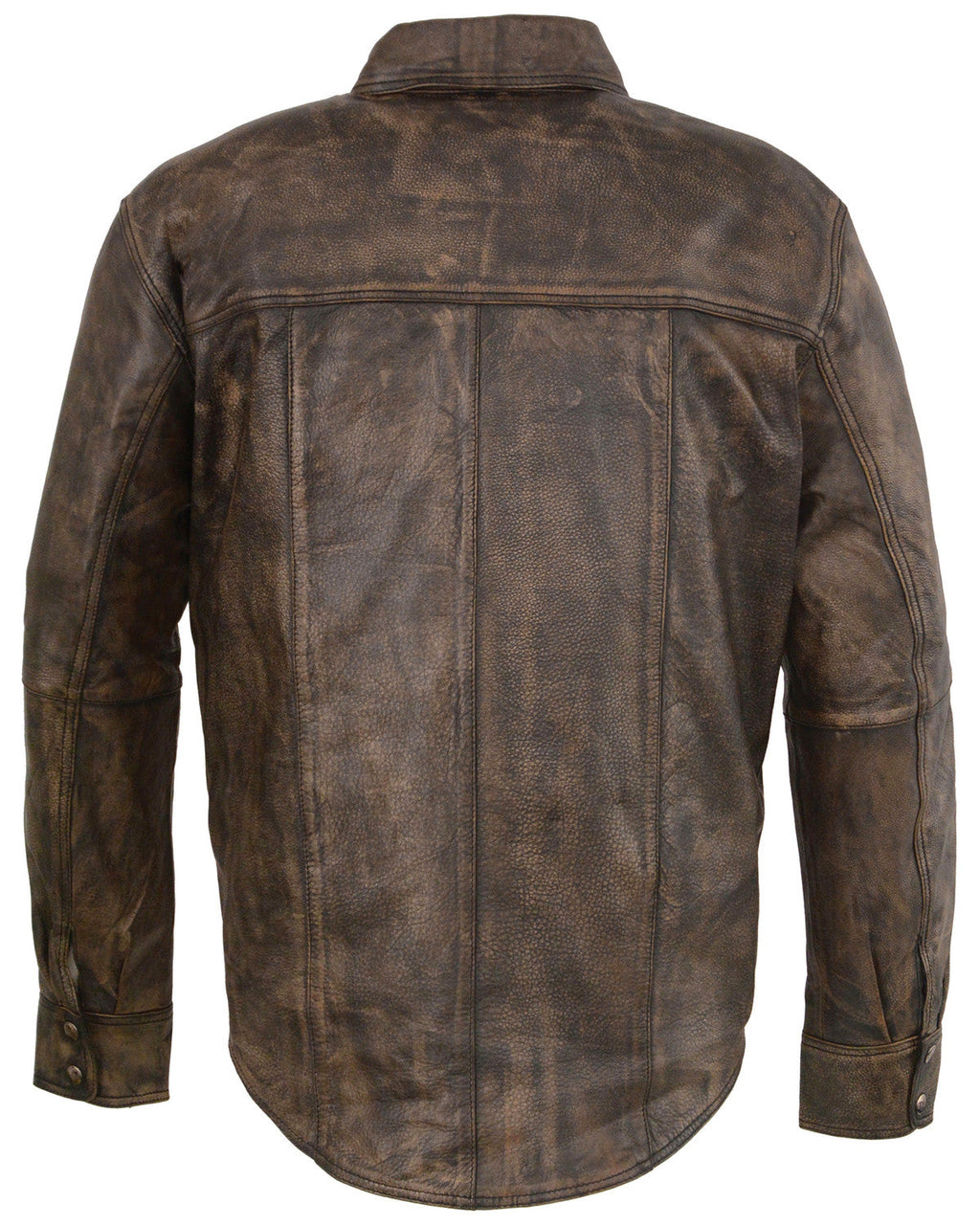 Men’s Distressed Brown Light Leather Snap Front Shirt | Heritage Leather Overshirt | Full Grain Apparel