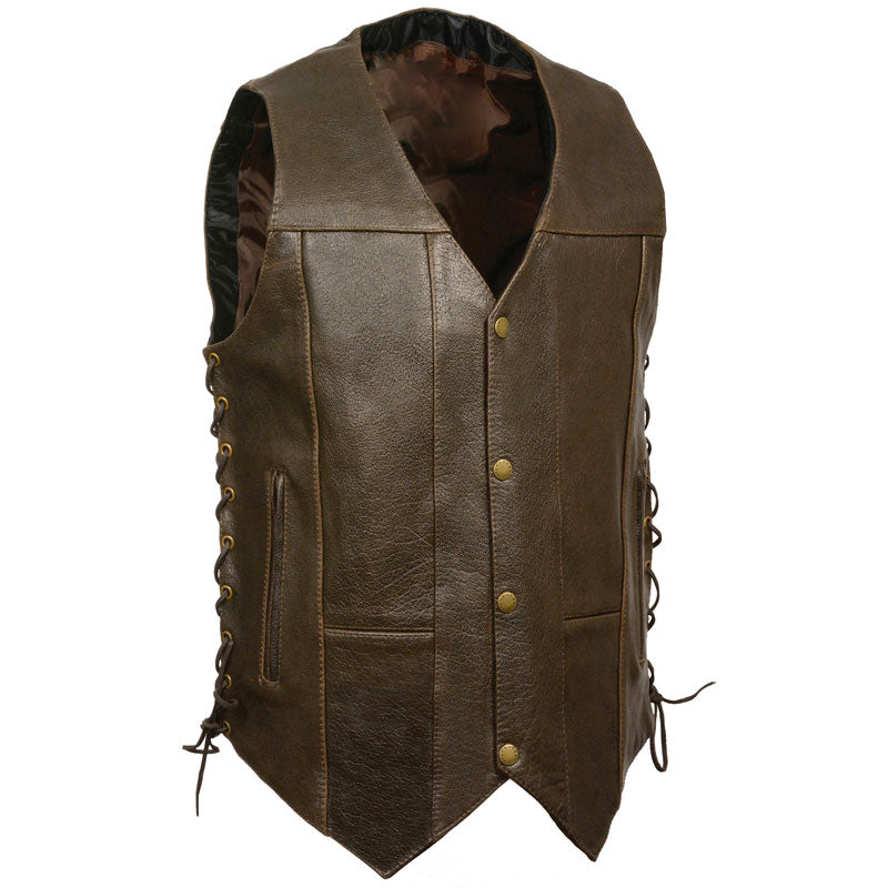 Men’s Retro Brown 10-Pocket Side Lace Vest | Vintage High-Capacity Utility | Full Grain Apparel