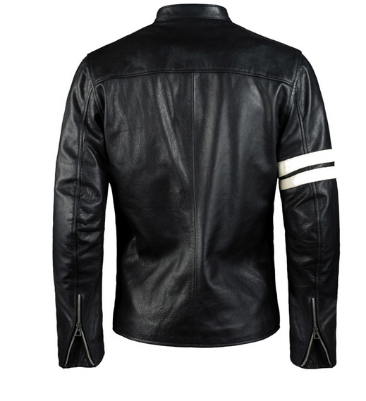 Chaqueta Motera de Cuero Negro para Hombre con Rayas Blancas | Ropa de Abrigo Velocity Racing | Prendas de Piel de Grano Completo