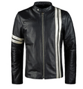 Men’s Black Leather Biker Jacket with White Stripes | Velocity Racing Outerwear | Full Grain Apparel