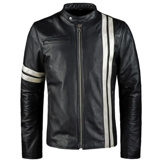 Men’s Black Leather Biker Jacket with White Stripes | Velocity Racing Outerwear | Full Grain Apparel