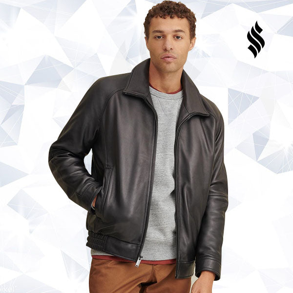 Men’s Black Lined Leather Bomber Jacket | Rugged Urban Stealth | Full Grain Apparel
